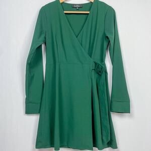 Lulus Faux Wrap Dress Size S Jewel Tone Dark Green Crepe Mini Above‎ Knee A Line